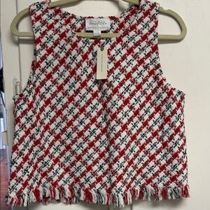Anthropologie Red, White & Black Tweed like Fringe Tank